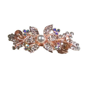 Rhinestone Faux Pearl Flower Tension Clip Barrette Rose Gold Tone Pink
